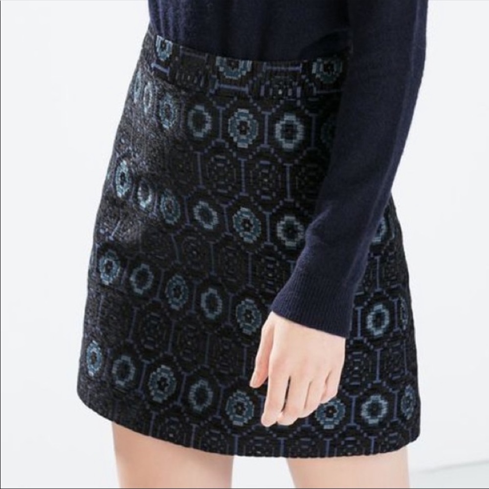 ZARA Skirt Textured Jacquard High Waist Knit Blue Small